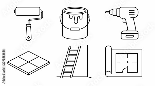 Home renovation and construction line icons set for DIY projects