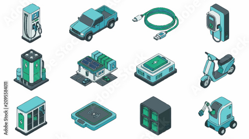 Flat Design Icons of Electric Vehicles and Technology.