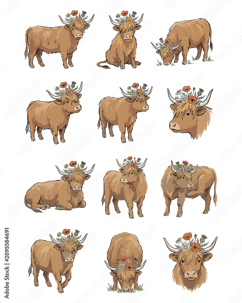 Obraz premium Highland Cow flower Crown SVG, Hand Drawn Clipart set
