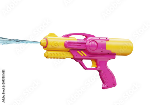 Plastic water gun in pink and yellow shooting water jet with activity, spraying