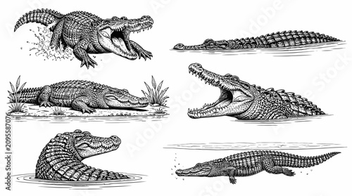 Set of hand-drawn crocodiles in various poses and swimming actions