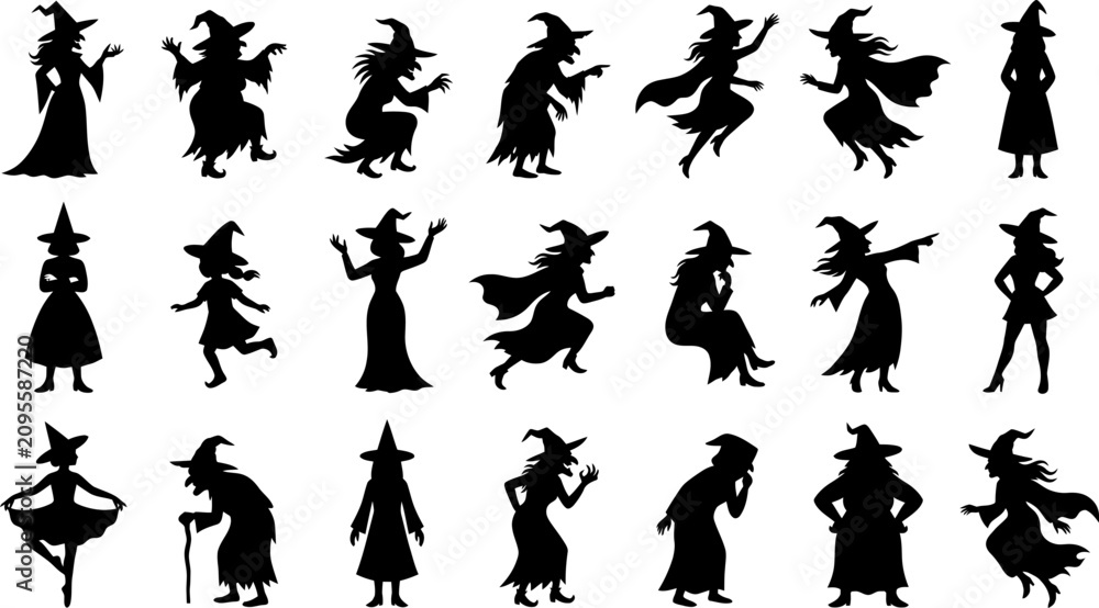 Fototapeta premium Halloween witch silhouettes spooky vector designs for festive decorations graphic assets