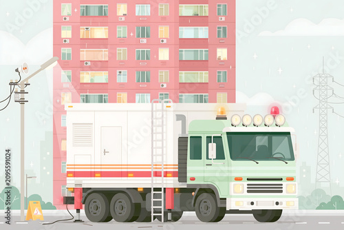 Utility truck works near residential building during daylight with equipment setup