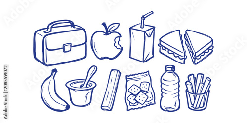 school lunch box collection and hand drawn education food snack apple sandwich banana yogurt snack cracker water bottle cookie stick doodle icon set vector illustration