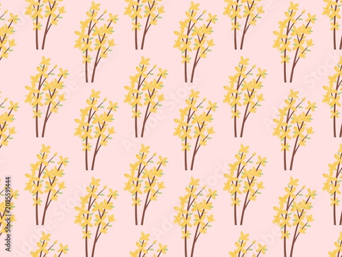 Photos Pattern of stylized yellow forsythia branches with green leaves against a pastel pink background