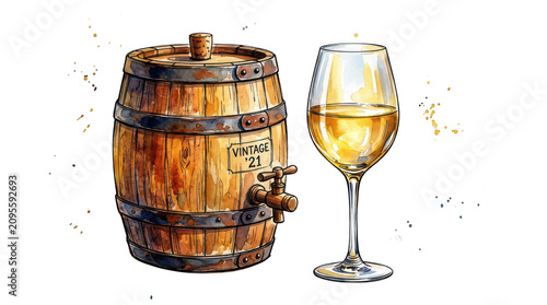 Vintage wooden wine barrel and glass of white wine, watercolor illustration of winery cellar equipment, rustic oak cask with tap and chardonnay isolated on Transparent Background