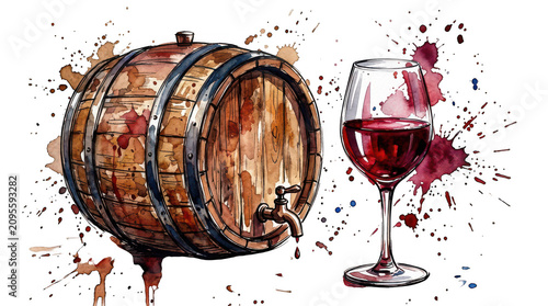 Watercolor wine barrel and red wine glass illustration, rustic oak cask with vintage winery aesthetic, artistic vineyard beverage painting isolated on Transparent Background