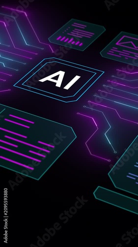 Perspective vertical 3D room filled with floating purple artificial intelligence boards and network grids.