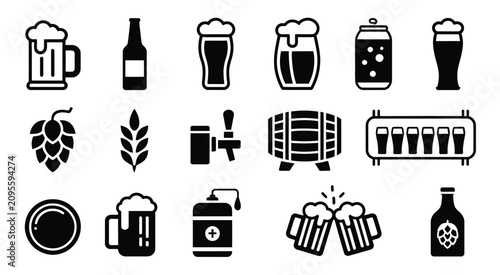 Bild auf Leinwand Beer icon set, glyph silhouette symbols for brewing, beer mugs, bottles, cans, hops, wheat, tap handles, barrels, clinking glasses, and editable flat vector pictograms