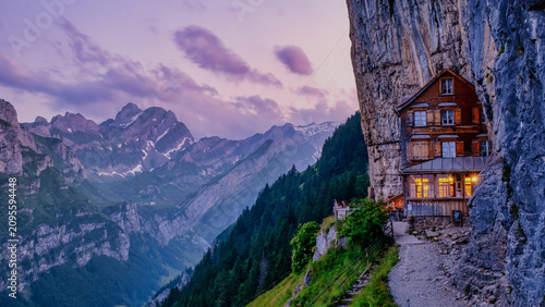 Konstfotografi Ebenalp, Switzerland, mountain guesthouse Aescher in the middle of the hiking trail, Aescher Wildkichi