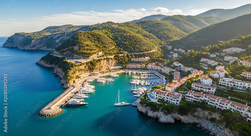 Obraz premium Scenic Coastal Harbor with Mountain Landscape and Marina Boats.