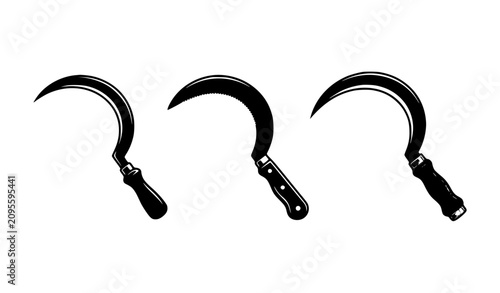 Schilderij op canvas Sickle Farm Tool Silhouette Set, Black Harvesting Hand Tool Icons Isolated on Wh