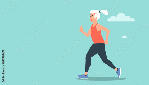 Foto An active senior woman with white hair tied in a ponytail, wearing glasses and athletic clothing, jogging outdoors with a determined expression