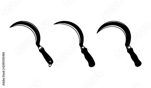 Foto Sickle Farm Tool Silhouette Set, Black Harvesting Hand Tool Icons Isolated on Wh