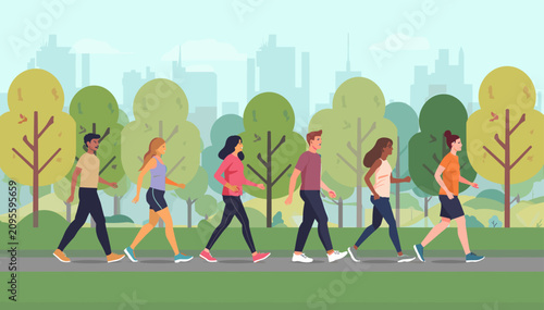 Tableau sur toile A diverse group of people enjoying a leisurely walk together on a paved path through a vibrant green park with trees and a city skyline in the background