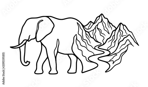 Fotografie Elephant mountain landscape fusion line art