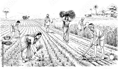 Hand Drawn Sketch of Indian Village Farmers Working in Field, Rural Agricultural Harvest Scene Line Art Illustration