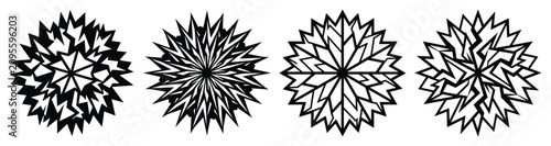Abstract geometric starburst symbols in black, angular and radial designs for winter graphics