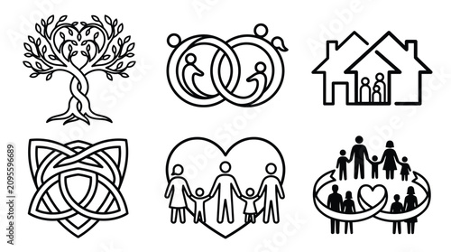 Photography Collection of stylized icons representing family, love, and home in a clean, modern line art style