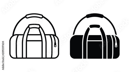 Duffle bag icon set for travel and gym gear with accessory equipment silhouette traveling vacation activity lifestyle container minimalist illustration sportswear