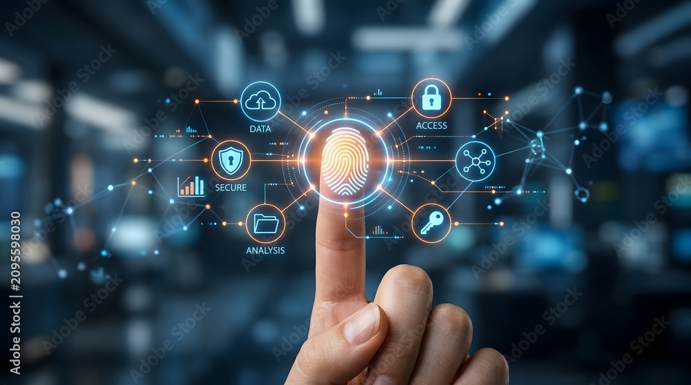 Fototapeta premium Fingerprint scan with glowing digital network and security icons in futuristic office background