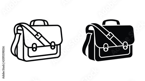 Messenger bag accessory outline and solid icon set with messenger accessory shoulder briefcase business illustration isolated pictogram minimalist personal
