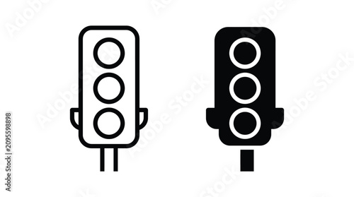 Traffic light signal line and solid icon set with transport transportation junction intersection silhouette minimalist regulation electronic navigation automation