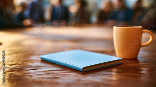 A low angle photograph capturing a closed, light blue notebook on a polished brown wooden table. Ai generated