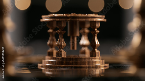 A macro shot of a miniature brown wooden pavilion like structure resting on a glossy dark table. the structure has a flat. Ai generated
