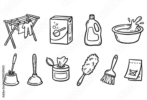 Laundry & Cleaning Playful Organic Hand Drawn Black Icons Collection – Creative Household Cleaning Elements Set