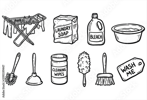 Laundry & Cleaning Playful Organic Hand Drawn Black Icons Collection – Creative Household Cleaning Elements Set