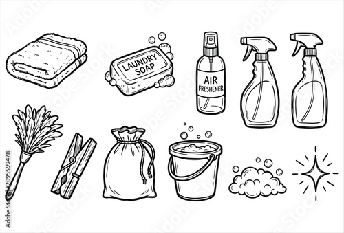 Laundry & Cleaning Doodle Hand Drawn Black Icons Collection – Laundry Room and Housekeeping Accessories