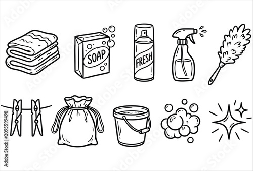 Laundry & Cleaning Doodle Hand Drawn Black Icons Collection – Laundry Room and Housekeeping Accessories