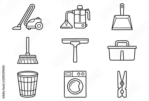 Laundry & Cleaning Geometric Hand Drawn Black Icons Collection – Modern Cleaning Supplies and Laundry Objects