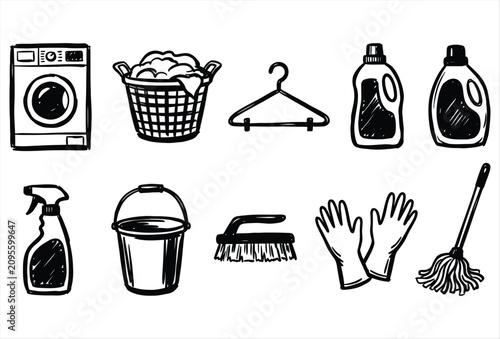 Laundry & Cleaning Bold Marker Hand Drawn Black Icons Collection – Housekeeping Tools and Laundry Equipment Set
