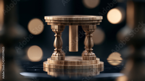 A macro shot of a miniature brown wooden pavilion like structure resting on a glossy dark table. the structure has a flat. Ai generated