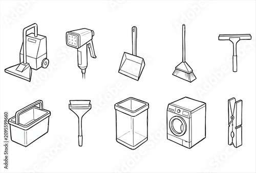 Laundry & Cleaning Geometric Hand Drawn Black Icons Collection – Modern Cleaning Supplies and Laundry Objects