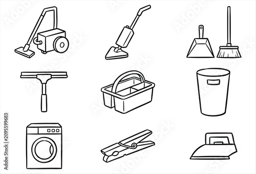 Laundry & Cleaning Geometric Hand Drawn Black Icons Collection – Modern Cleaning Supplies and Laundry Objects