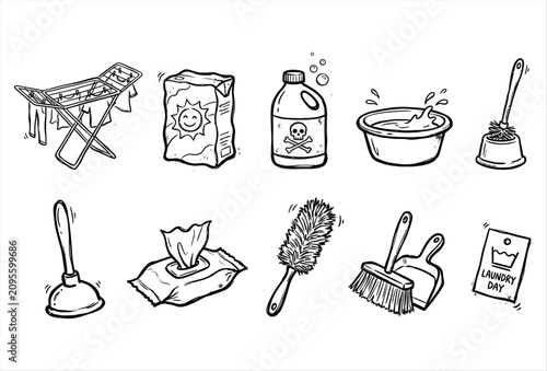Laundry & Cleaning Playful Organic Hand Drawn Black Icons Collection – Creative Household Cleaning Elements Set