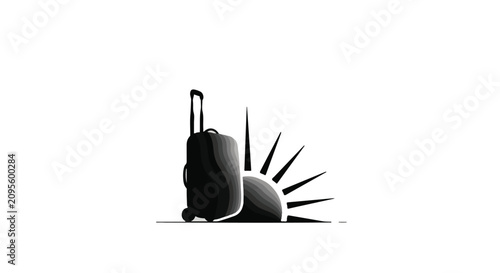 Suitcase icon stands next to a rising sun to represent travel and morning departures.