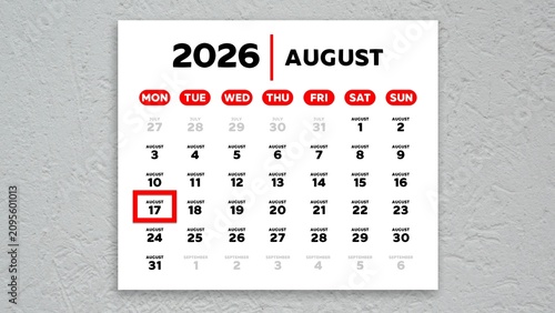 Konstfotografi Red cursor highlighting August 17th on a 2026 wall calendar page