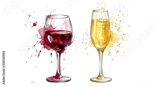 Watercolor red wine and champagne glasses isolated on transparent background