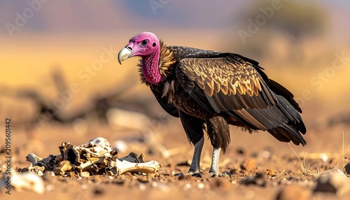African vulture with pink head stands by animal remains in arid landscape