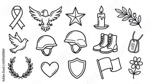 Fotografía Collection of Hand-Drawn Military and Remembrance Icons for Memorial Day or Veterans Day