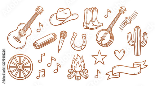 Fotografie Collection of hand-drawn country music and western icons including a guitar, banjo, cowboy hat, boots, and cactus