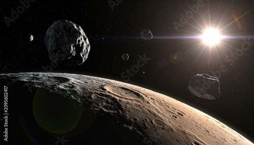 Asteroid belt and distant sun with lens flare in deep space