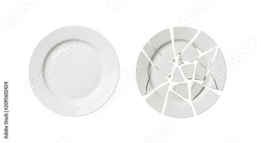 Whole White Ceramic Plate Beside Shattered Broken Ceramic Plate, Concept of Damage and Repair, Contrast isolated on Transparent Background