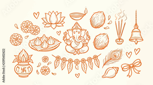 Fotografía Collection of Hindu religious symbols and offerings, including Lord Ganesha, lotus, diya, coconut, and incense sticks