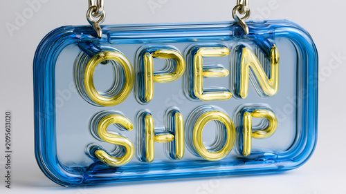 This is a stylized neon-style sign that reads OPEN SHOP, likely used as a decorative or functional display for a retail business. Ai generated