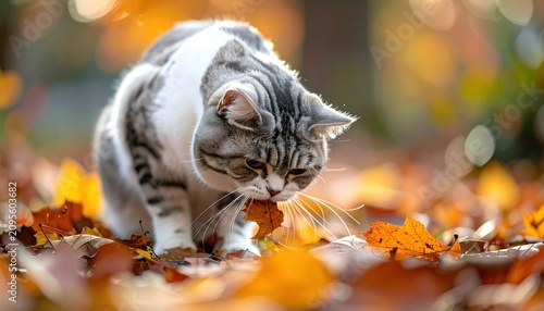 Tabby cat sniffing autumn leaf in warm golden light